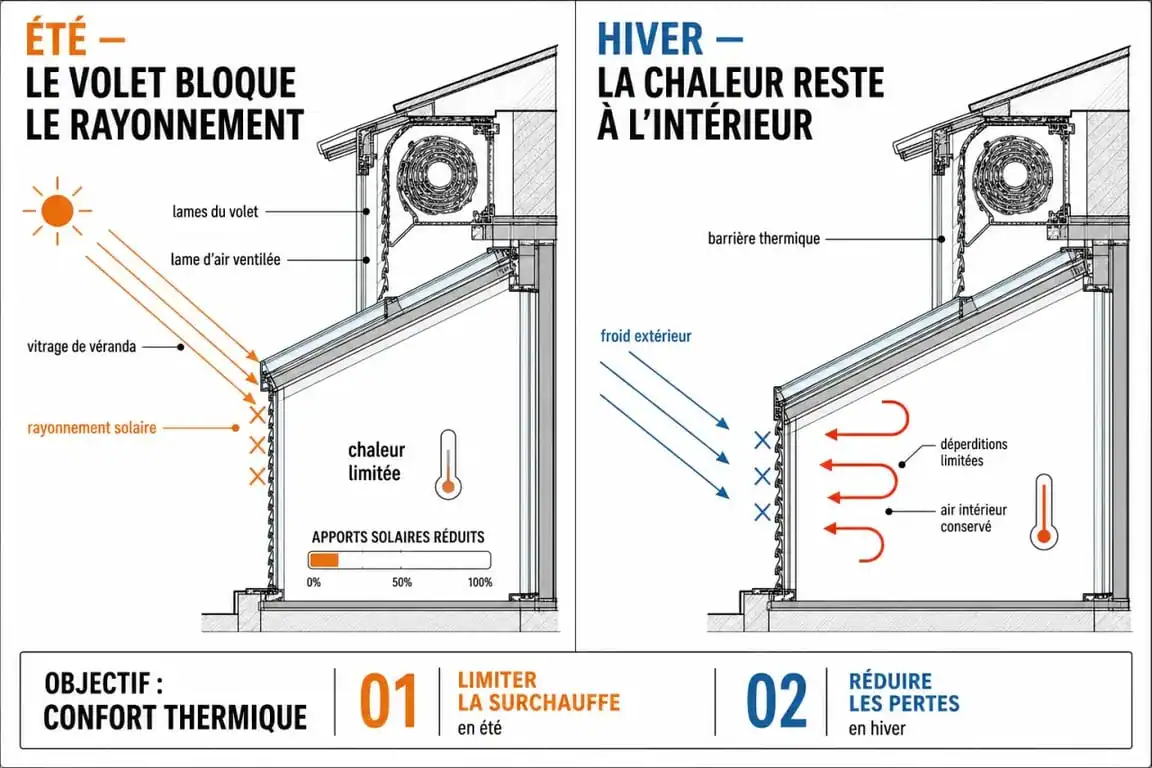 Schéma explicatif du fonctionnement thermique d'un volet roulant pour véranda