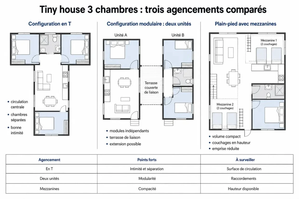 Schéma des différentes configurations d'agencement pour une tiny house 3 chambres