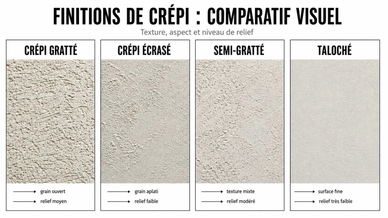 Crépi gratté comparé au crépi écrasé, semi-gratté et taloché sur quatre échantillons de façade