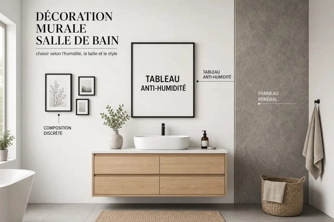 Décoration murale salle de bain dans une salle de bain contemporaine avec tableau, panneau décoratif et ambiance lumineuse