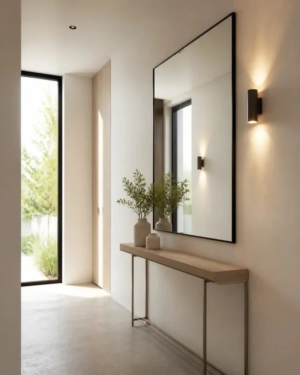 Miroir entree dans une entrée contemporaine qui agrandit visuellement l’espace et apporte de la luminosité
