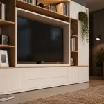 Meuble bibliothèque tv 140 cm pour TV 55 pouces, rangements et fixation