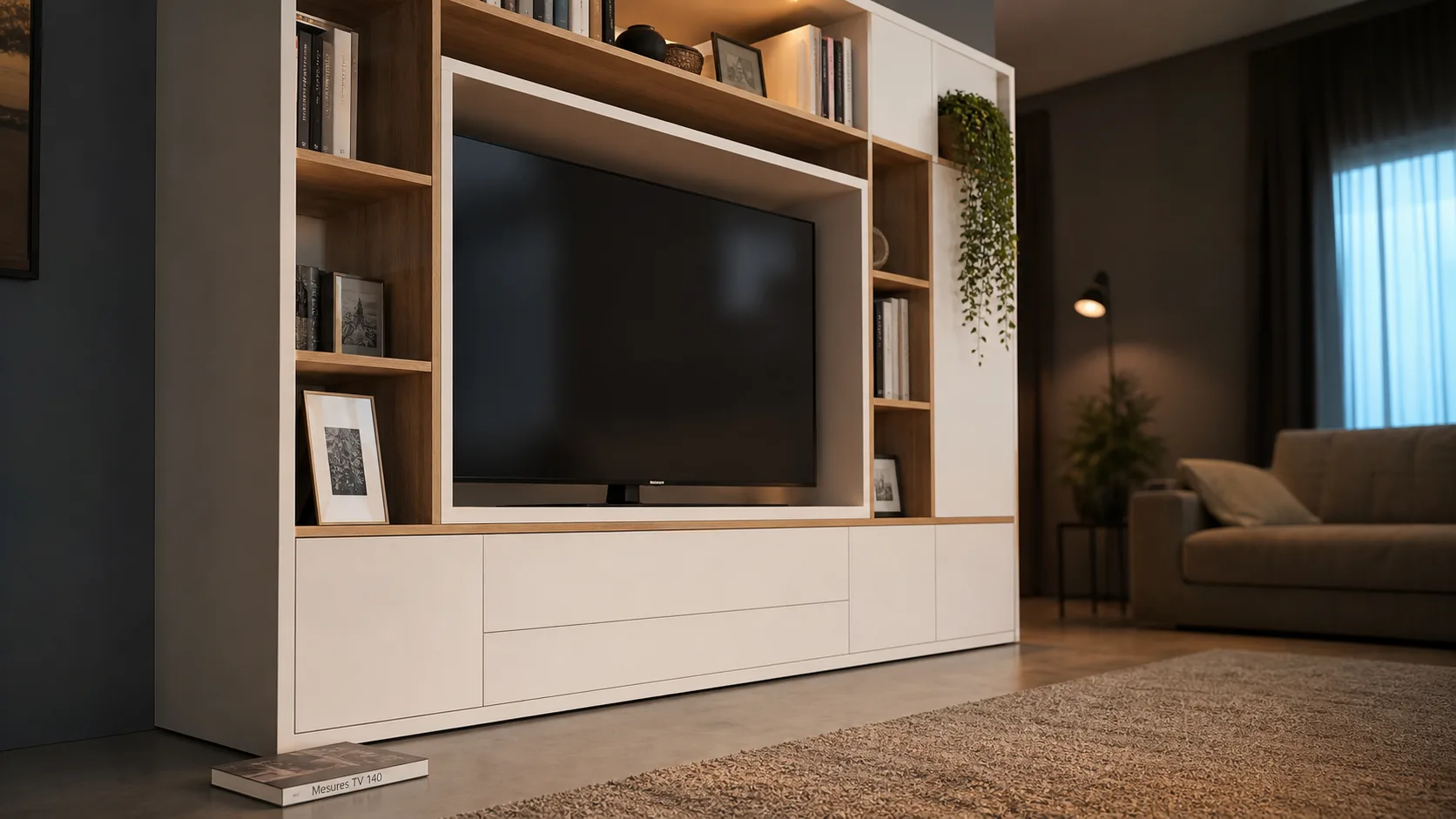 Meuble bibliothèque tv 140 cm pour TV 55 pouces, rangements et fixation