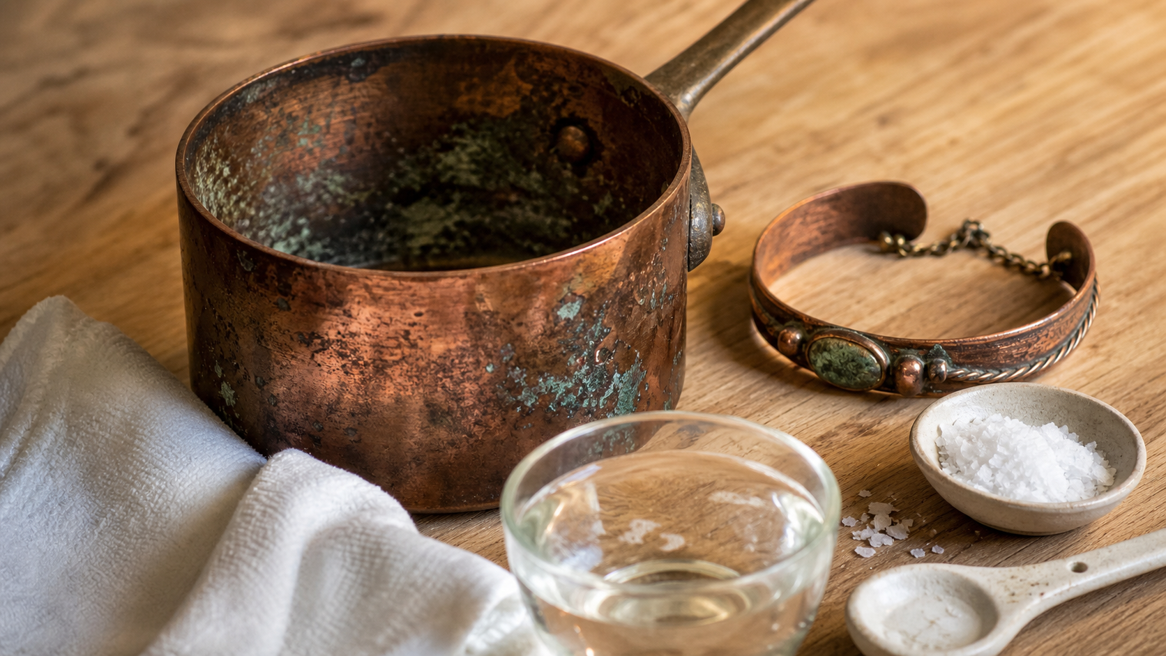 Nettoyer le cuivre sans frotter : chiffon, vinaigre et sel sur cuivre terni