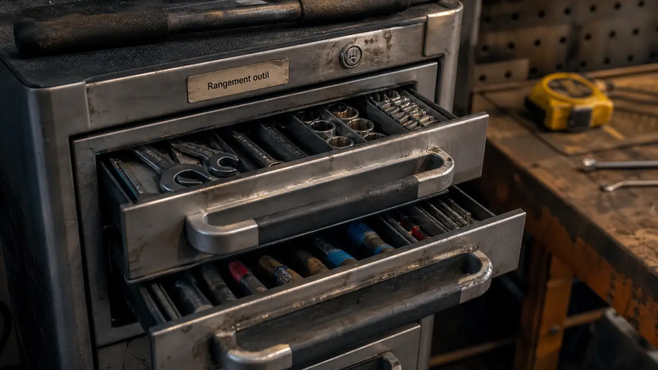 Rangement outil : servante d’atelier avec tiroirs d’outils visibles