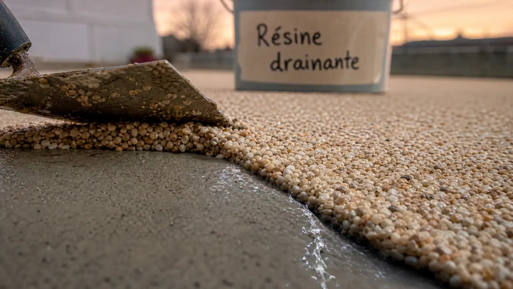Résine drainante sur support béton, drainage entre granulats