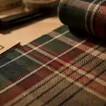 Tartan tissu en gros plan, carreaux nets, mètre ruban et ciseaux de couture