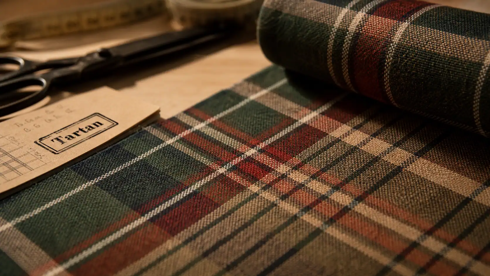 Tartan tissu en gros plan, carreaux nets, mètre ruban et ciseaux de couture