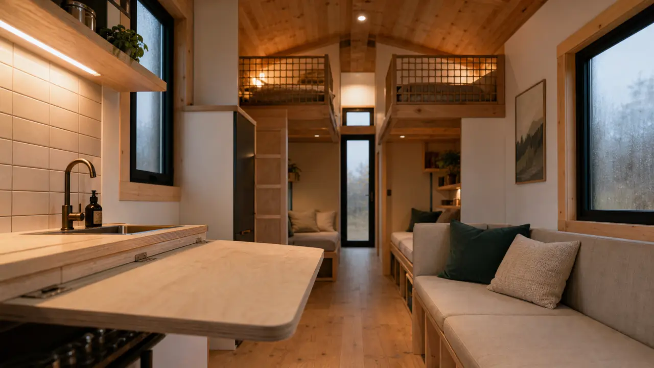 Intérieur tiny house 4 personnes pour 4 : cuisine et mezzanines