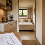 Intérieur tiny house plain pied sans mezzanine, porte coulissante et chambre au rez-de-chaussée