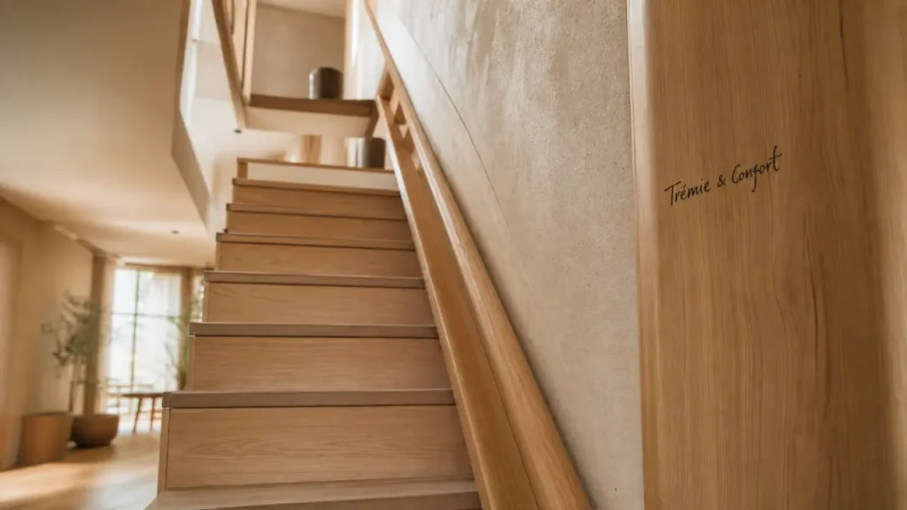 Type escalier en bois clair avec trémie ouverte et confort