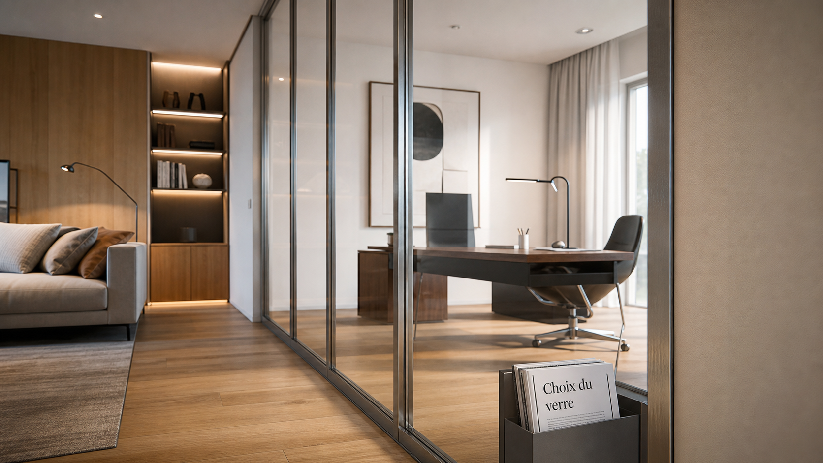 Vitre pour cloison interieure en verre feuilleté clair séparant salon et bureau