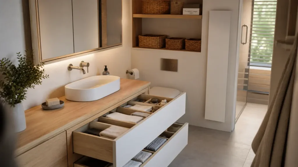 Aménagement de placard de salle de bains : meubles, tiroirs et murs pour gagner de la place