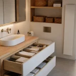 Amenagement placard salle de bain : meuble à tiroirs et rangement au-dessus des toilettes
