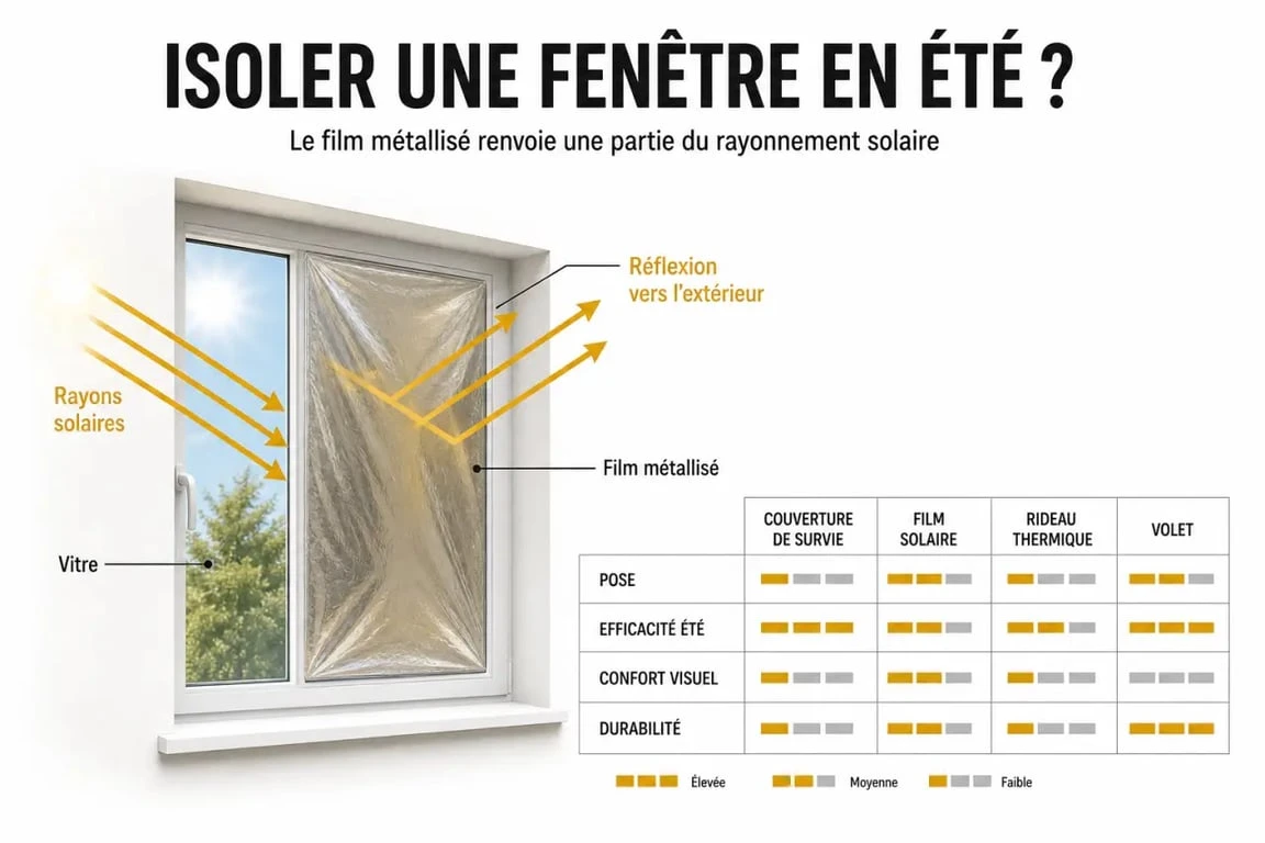 Couverture de survie isolation maison : schéma comparatif du sens de pose sur une fenêtre et de son efficacité