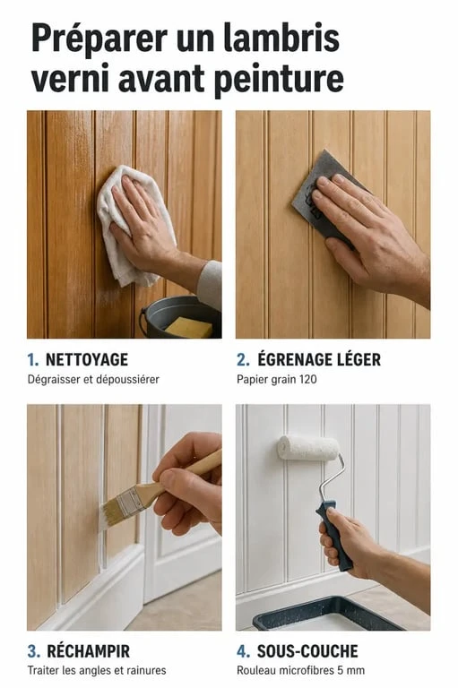 Peindre un lambris vernis : préparation en quatre étapes avec égrenage et sous-couche