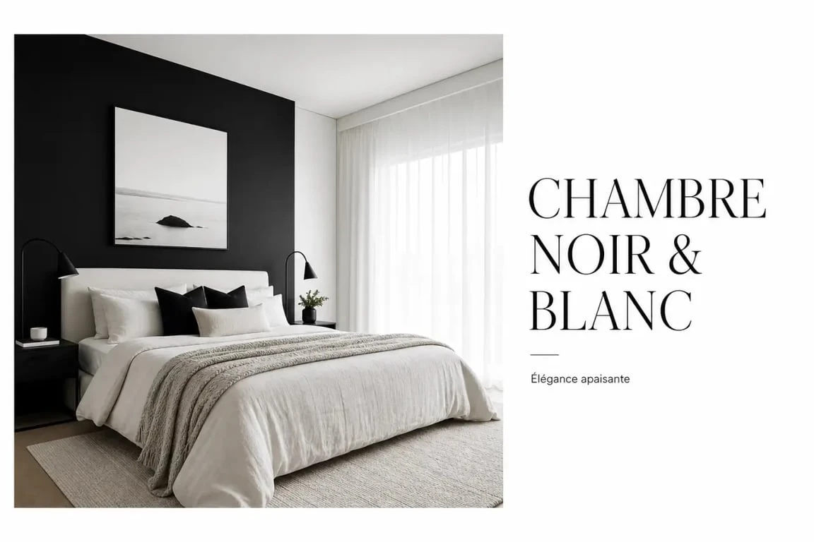 Chambre noire et blanche élégante avec lit, textiles doux et tableau mural