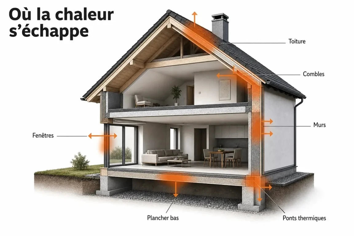 Isolation maison Lure : schéma des zones de déperdition thermique dans une maison