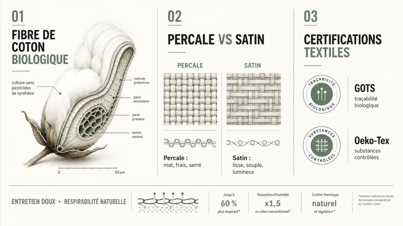 Linge de maison coton bio : comparaison visuelle entre fibre, tissage et certifications