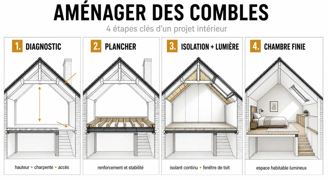 Aménager mes combles : illustration éditoriale des étapes de diagnostic, isolation et transformation en chambre