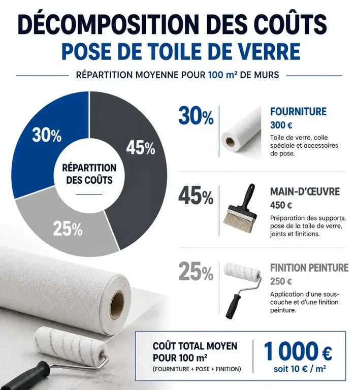 Graphique récapitulatif du prix au m2 pour la pose de toile de verre et les coûts de rénovation murale