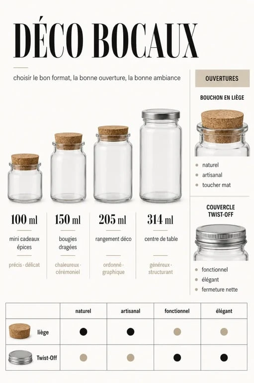 Infographie déco bocaux avec formats, ouvertures et idées de mise en scène