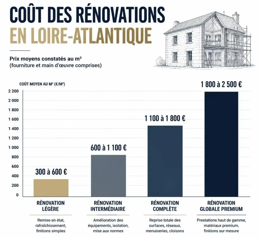 Graphique des coûts de rénovation maison 44 par type de prestation