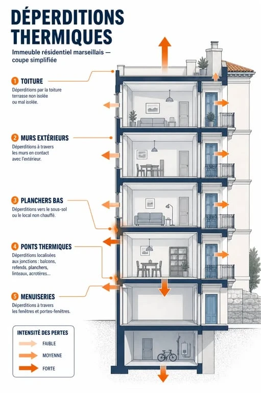Isolation thermique marseille : schéma des zones de pertes de chaleur dans un immeuble résidentiel