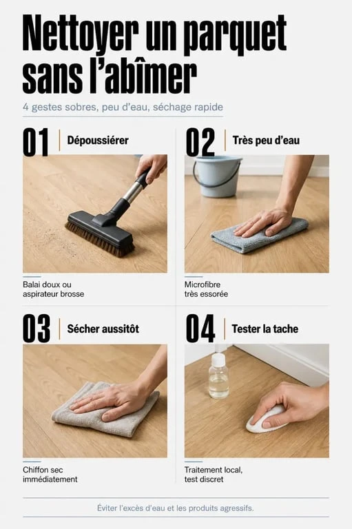 Comment nettoyer parquet en bois : étapes pour dépoussiérer, laver peu humide et sécher vite