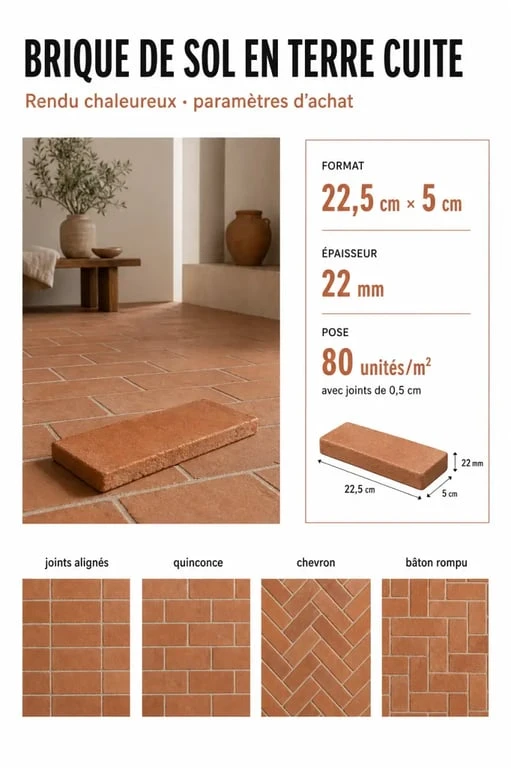Brique sol en terre cuite avec dimensions, rendement au m² et exemples de calepinage