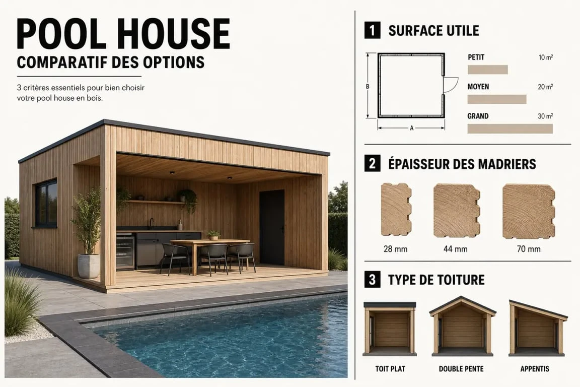 Pool house en bois : comparaison des surfaces, épaisseurs et types de toiture pour bien choisir