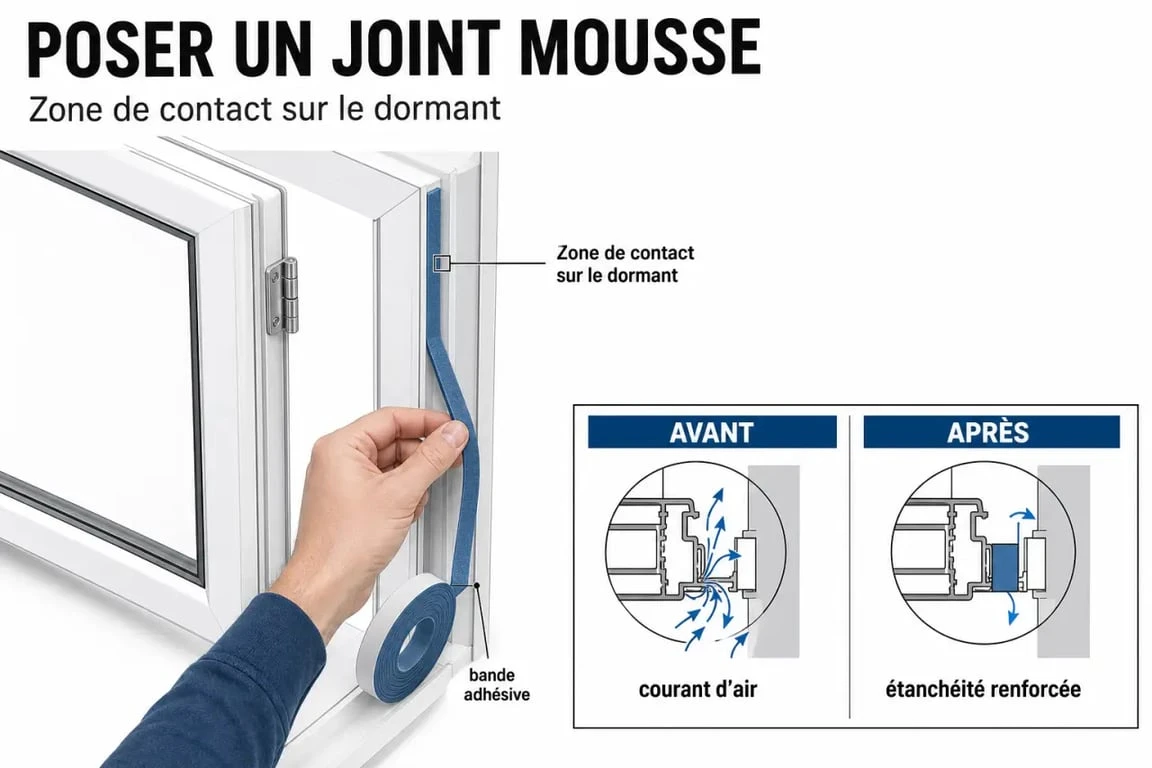 Joint mousse fenetre posé sur le dormant pour calfeutrer une fenêtre et réduire les courants d’air
