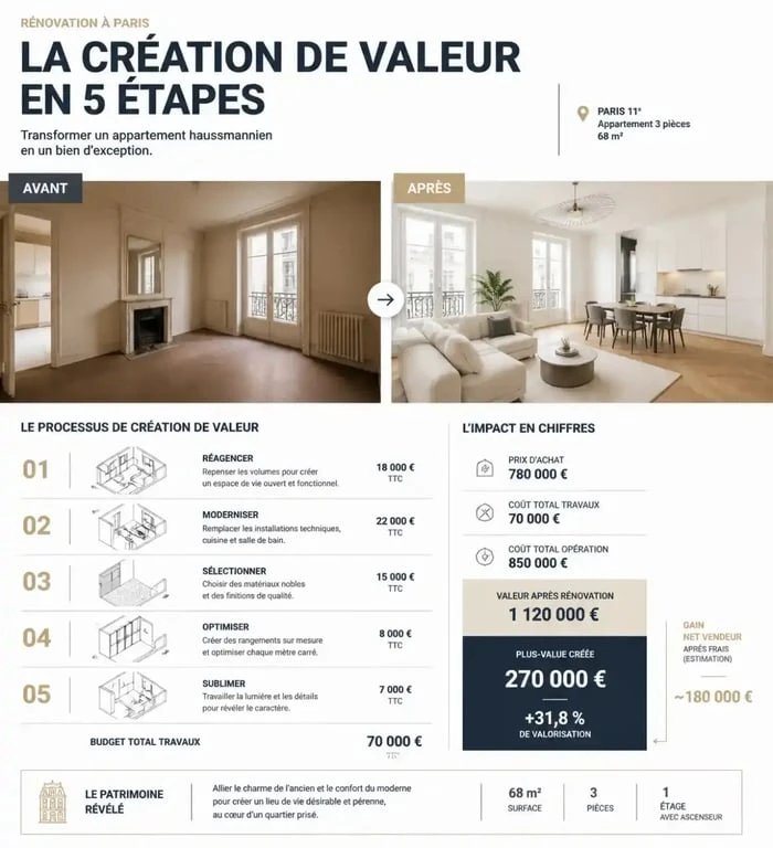 Schéma illustrant la création de valeur ajoutée lors de l'achat d'un appartement avec travaux à Paris