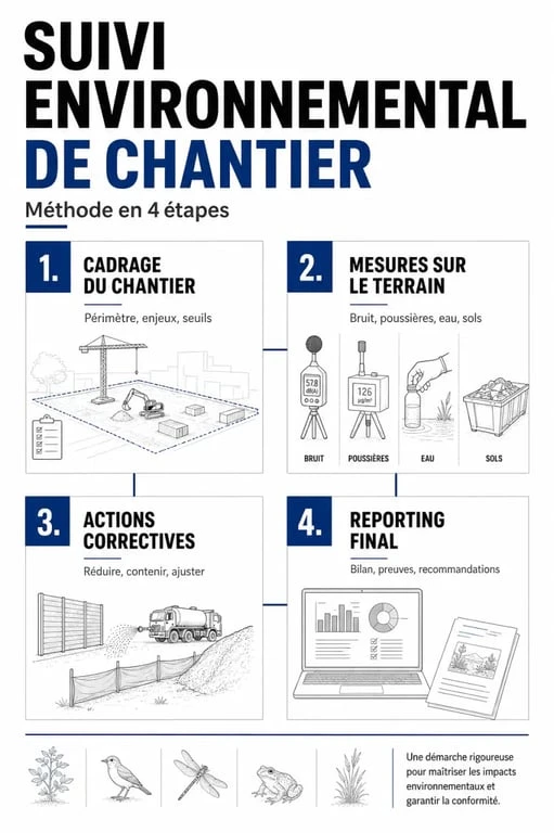 Schéma du suivi environnemental de chantier montrant le cadrage, les mesures terrain, les actions correctives et le reporting