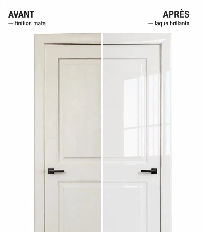 Peinture laque brillante effet miroir sur une porte en bois, avant et après finition