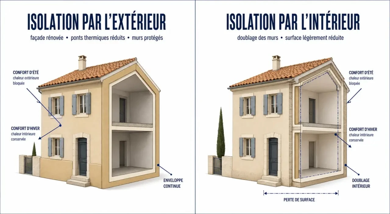 Schéma comparatif de l’isolation thermique avignon entre ITE et ITI sur une maison