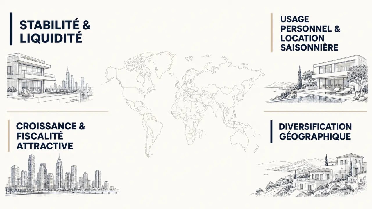 Investir dans l’immobilier de luxe à l’international pour diversifier son patrimoine : comparatif visuel des critères de stabilité, fiscalité, rendement et liquidité