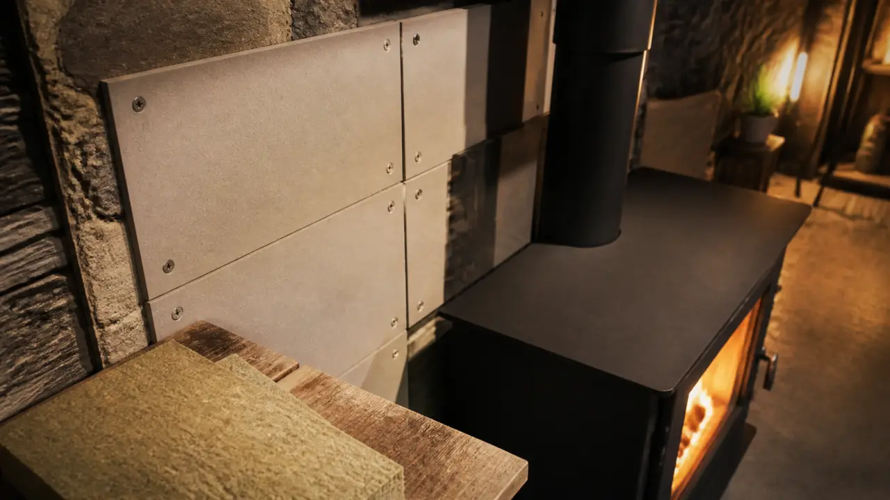 Habillage mur derriere un poele a bois avec panneaux anti-rayonnement en silicate de calcium et laine de roche