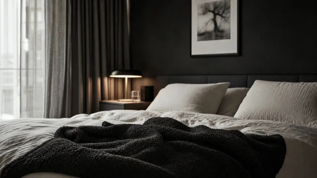 Noir et blanc chambre : linge blanc et plaid noir apaisant