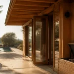 Pool house en bois avec madriers épais et coffre de rangement ouvert