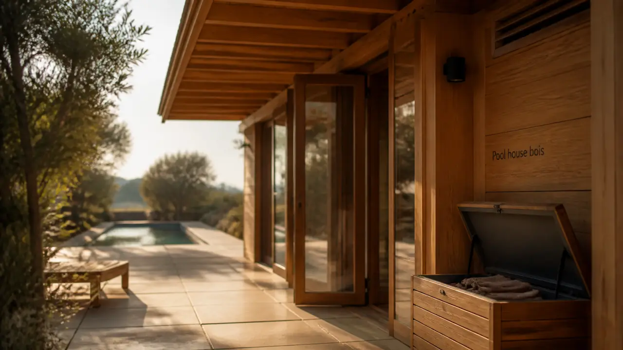 Pool house en bois avec madriers épais et coffre de rangement ouvert