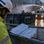 Suivi environnemental de chantier : technicien vérifie mesures bruit, poussières et déchets