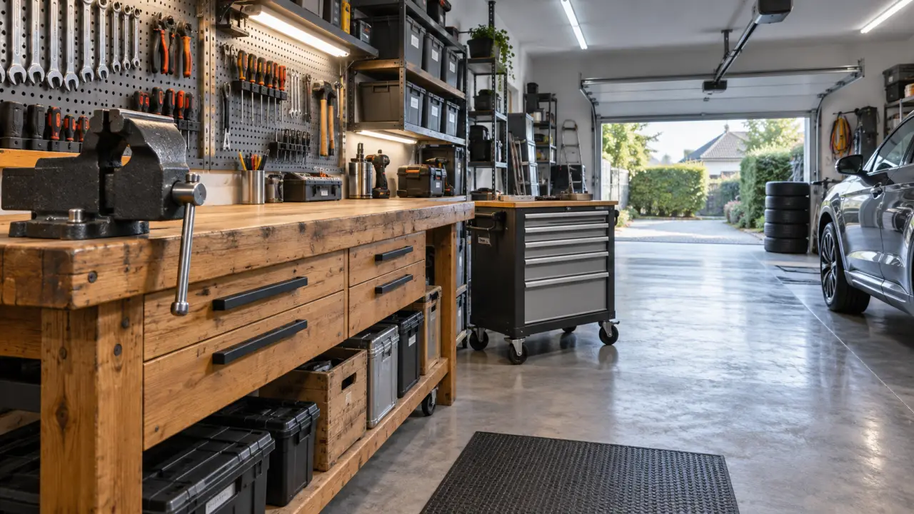 Amenager un atelier dans son garage : etabli bois, etau, place voiture libre