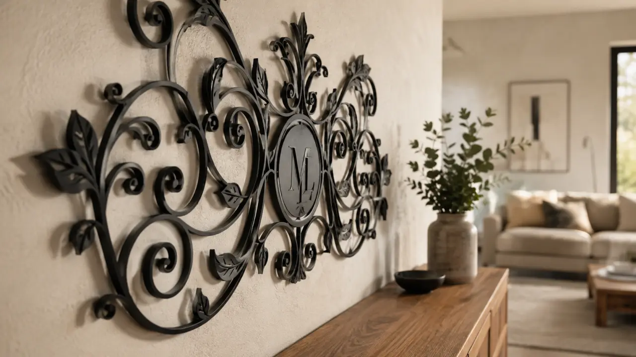 Décoration fer forgé intérieur au-dessus d’une console, mur noir ajouré