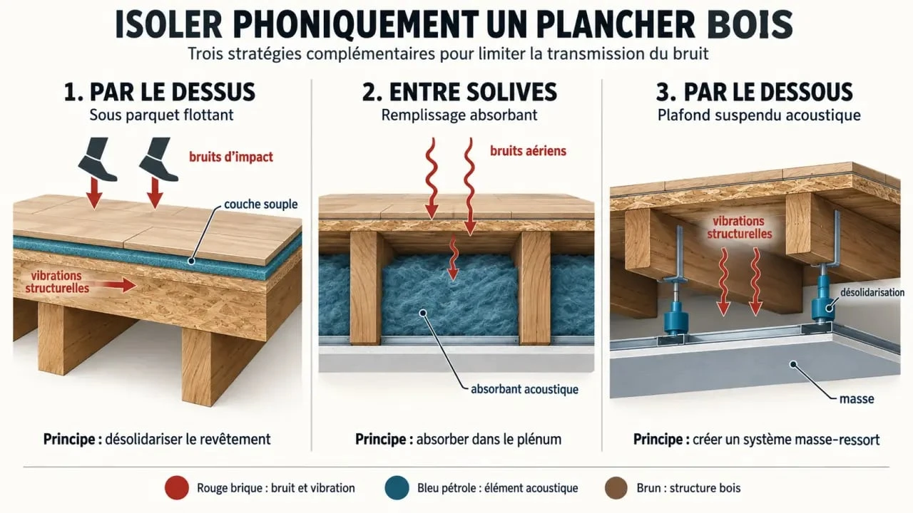 Schéma des solutions pour isoler phoniquement un plancher bois par le dessus, entre les solives et par le dessous