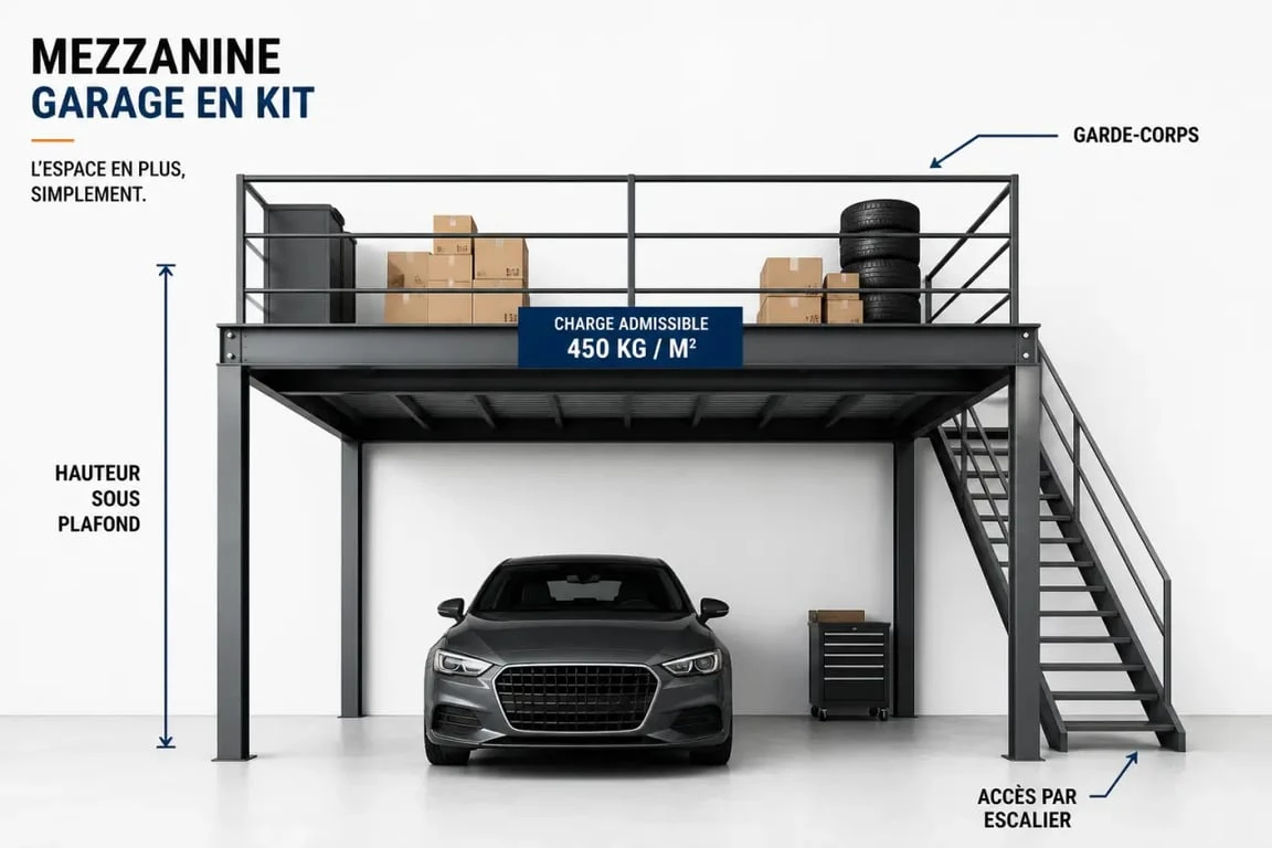 Mezzanine garage kit dans un garage avec voiture dessous et espace de rangement au-dessus