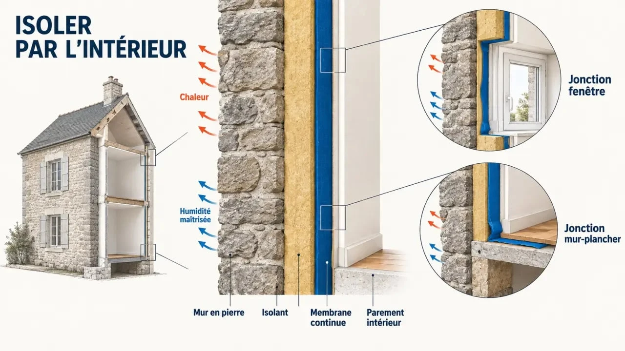 Isolation maison ancienne par l'intérieur : coupe simplifiée des couches du mur et gestion de l'humidité