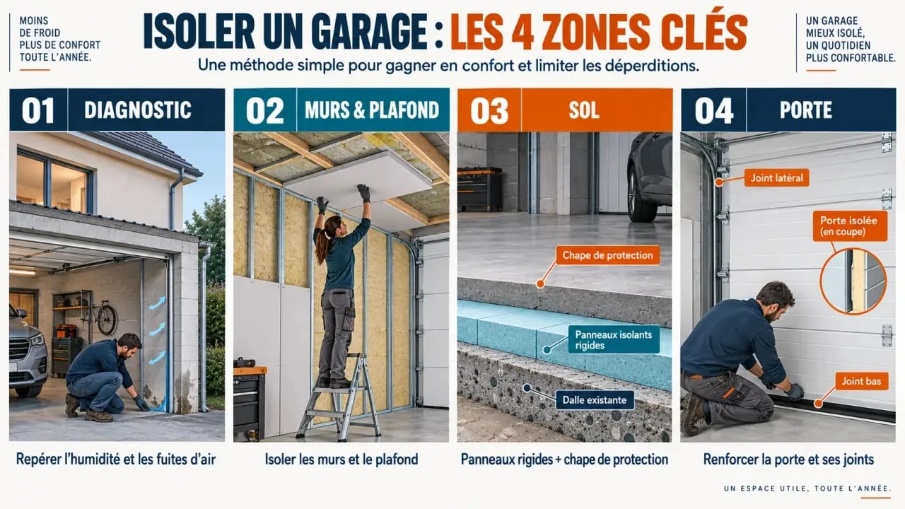 Illustration des principales étapes de l’isolation pour garage : murs, plafond, sol et porte