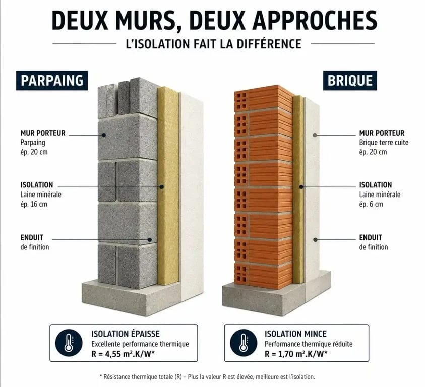 Comparaison technique en coupe d'un mur en briques et d'un mur en parpaings avec isolation