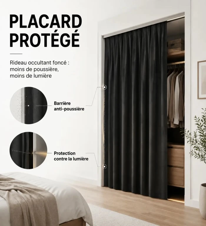 Idée pour fermer un placard sans porte avec rideau occultant pour protéger les vêtements